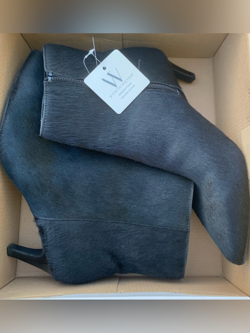 NWT Worthington Black Faux-Hair Ankle Booties with Side Zip memory foam